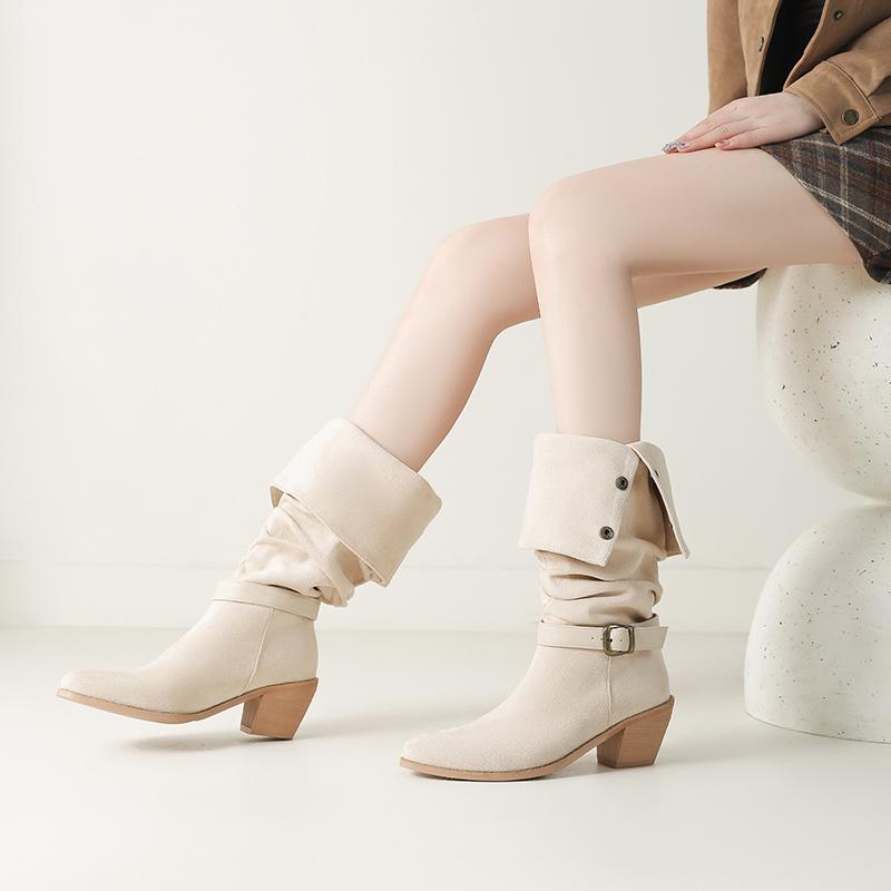 Women's high-heeled boots autumn and winter new thick-heeled suede mid-boots in size