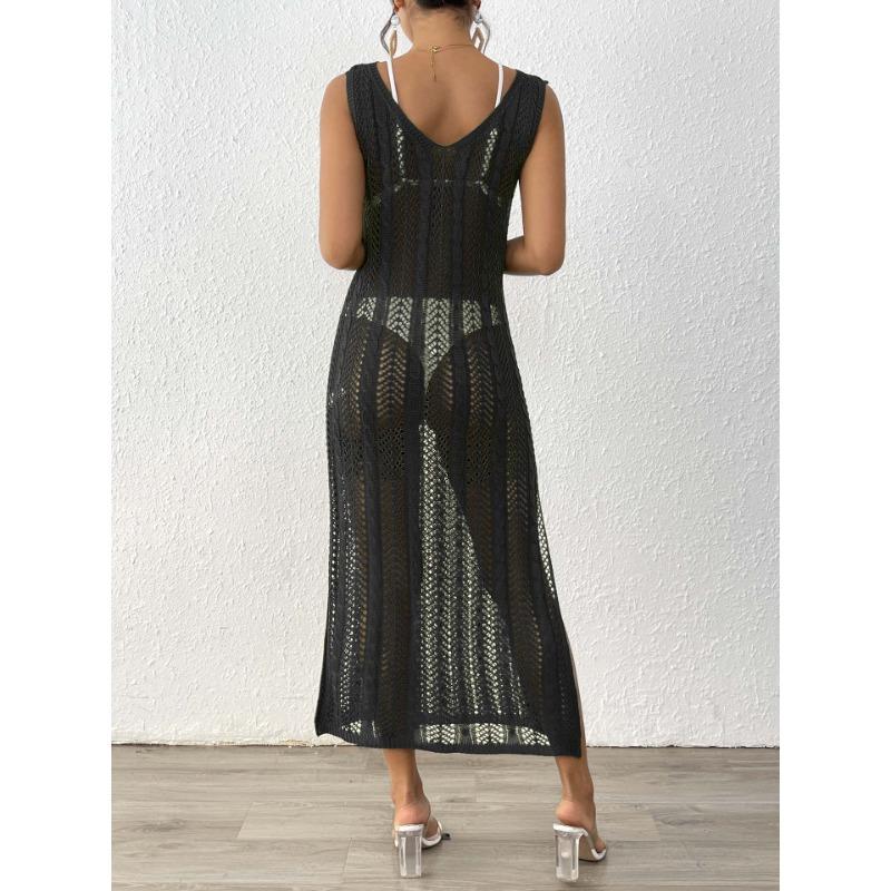 Women's Holiday Beach Dress Hollow Woven Vest Sexy Slit Long Dress
