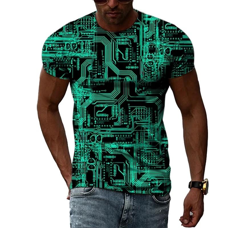 Summer Round Neck 3D Circuit Board Print T-shirts Fashionable Casual Short Sleeved Men's T-shirts