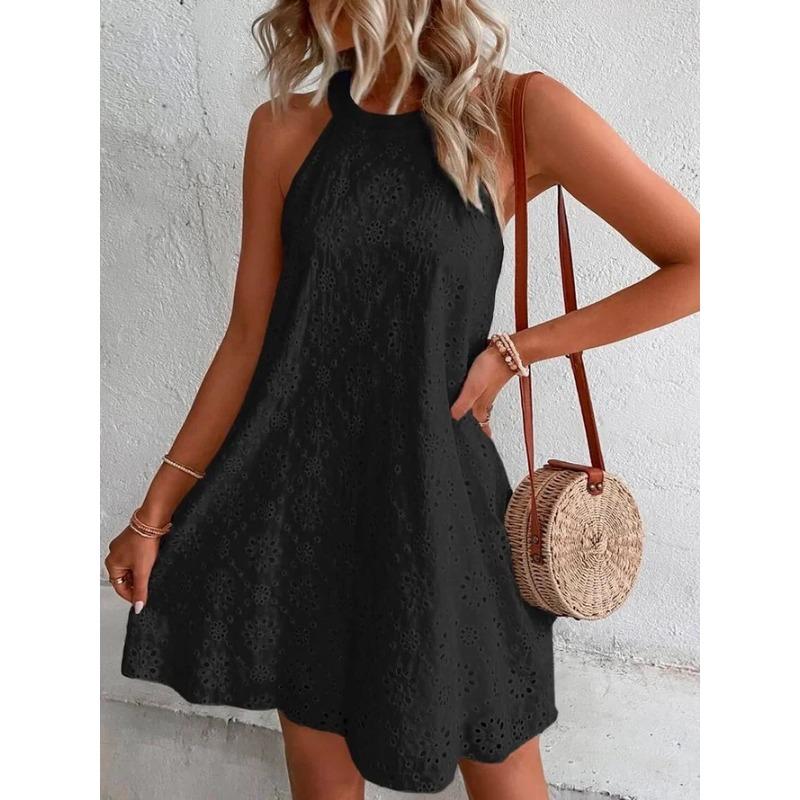 Women Solid Color Lace Button Halter Sleeveless Knee Length Summer Casual Dress