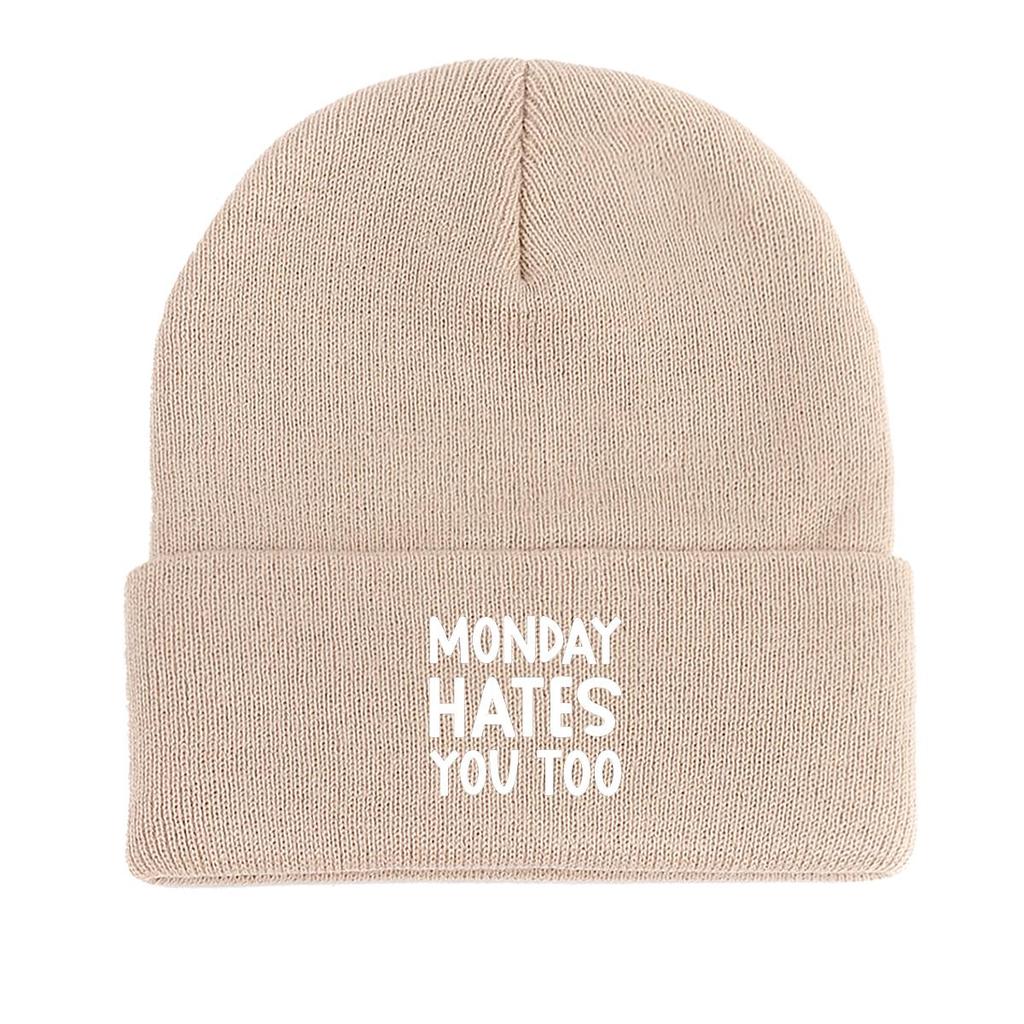 MONDAY HATES YOU TOO" Warm Knit Cap Beanie, White Text Man Cap Stretchy Candy Color Solid Color Gorro Knitted Hat Beanie