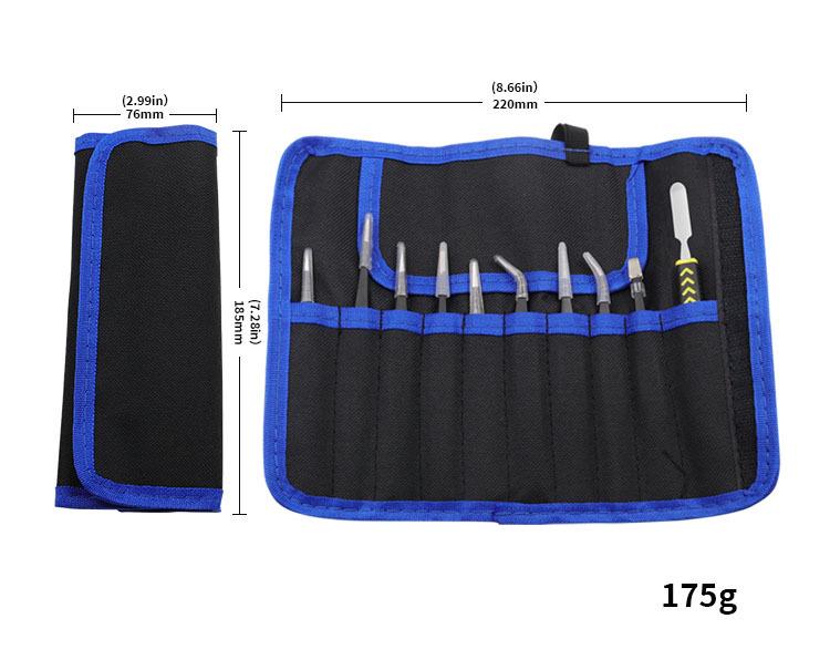 Stainless Steel 10-Piece/11-Piece Tweezer Set with Pointed and Bent Tips, Canvas Bag Included