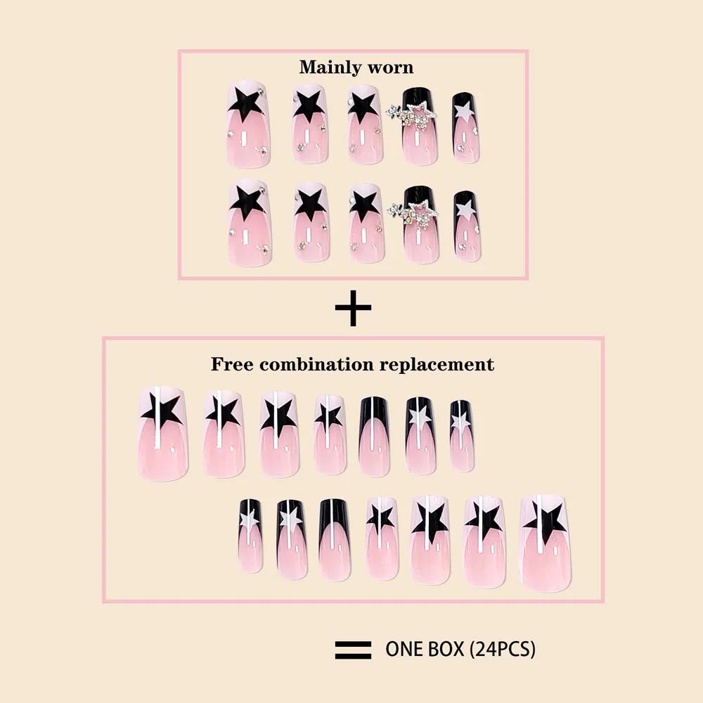 Y2K Black French Square Nails, Star & Silver Pendant Press On Nails with Sparkling Rhinestones