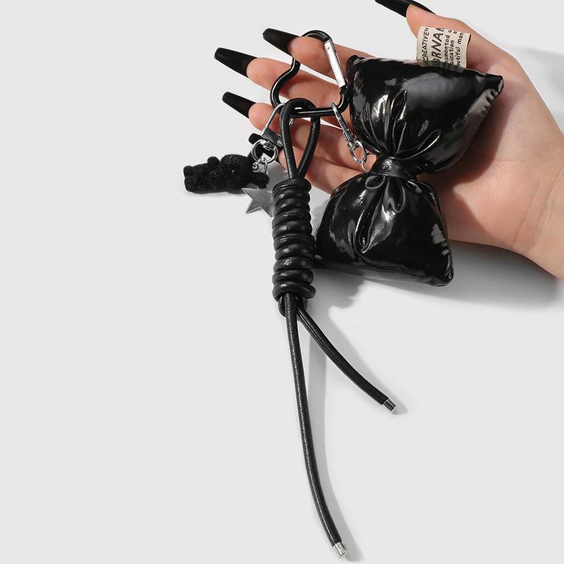 Black Braided Rope Keychain Three-Dimensional Love Ball Racket Cherry Charm Pendant Keyring  Simple Bag Decoration