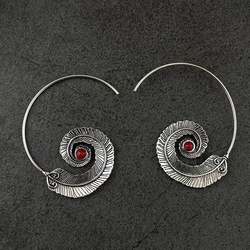 He Cheng Geometric Spiral Feather Alloy Hoop Earrings for Women