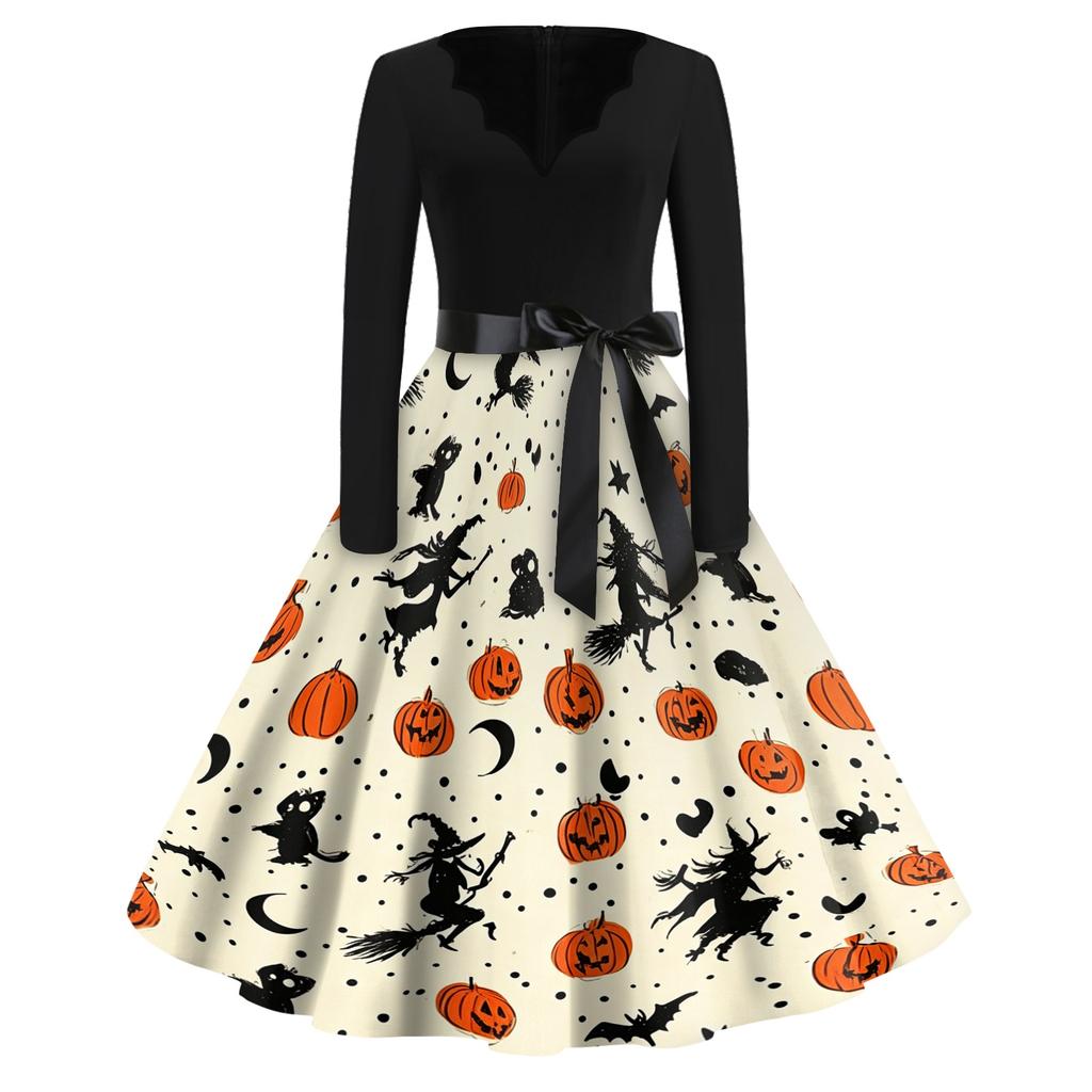 Women's Casual Vintage V Neck Dress Halloween Printed Long Sleeve Retro Style Pumpkin Bat Pattern Full Skirt Dress with Waist Tie