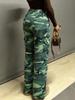 European-American Retro Women's High Waist Camouflage Cargo Pants with Wide Legs and Turn-Up Pockets - Style 8115