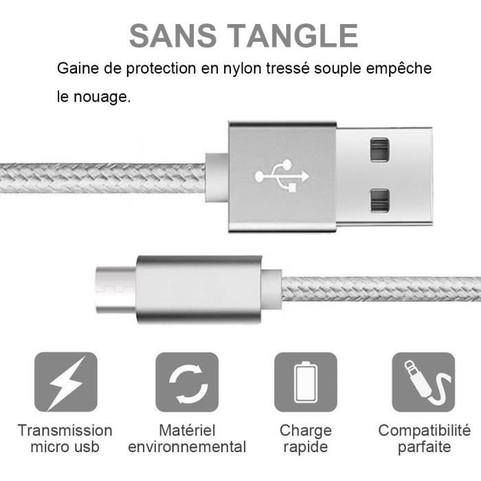 Câble Micro USB - Non spécifié - Lot de 3 - 1M - Nylon Argenté - Compatible Android