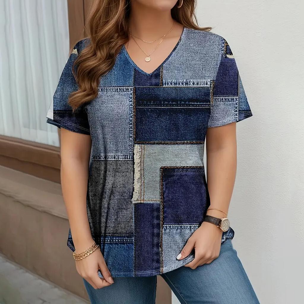 Summer V-neck Short Sleeve Tops 3D Patchwork Print Outdoor Casual Oversized Clothing T-shirts