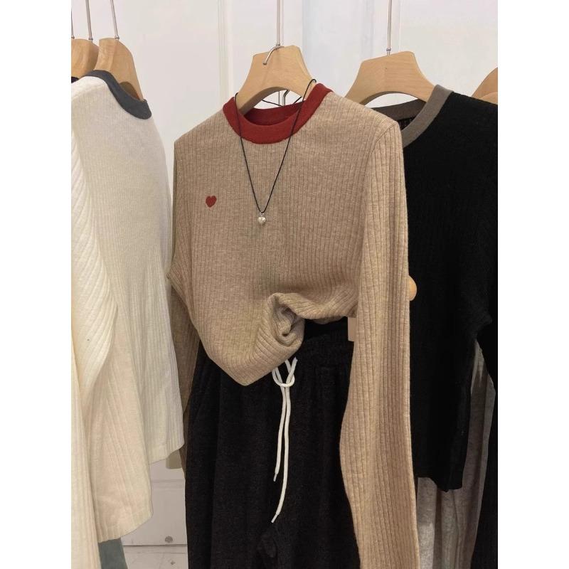 

Spring, Autumn and Winter New Color Matching Crew Neck Long Sleeve Bottom Shirt Women s Loose and Skinny Love Embroidered Sweater Inside XL верблюд