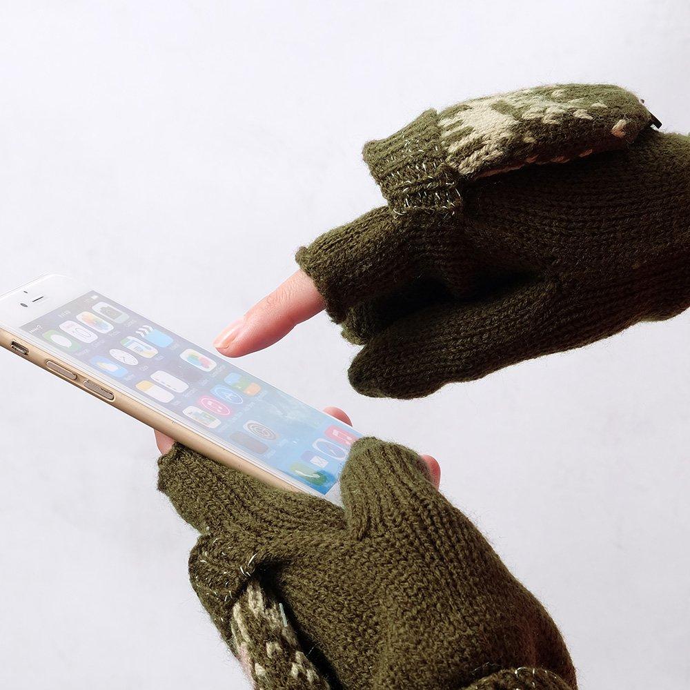 Mitten Gloves with Covers and Folded a Winter Reindeer Charcoal Size F [2-Way] Women's Cuffs, Classic! Print, Gray,