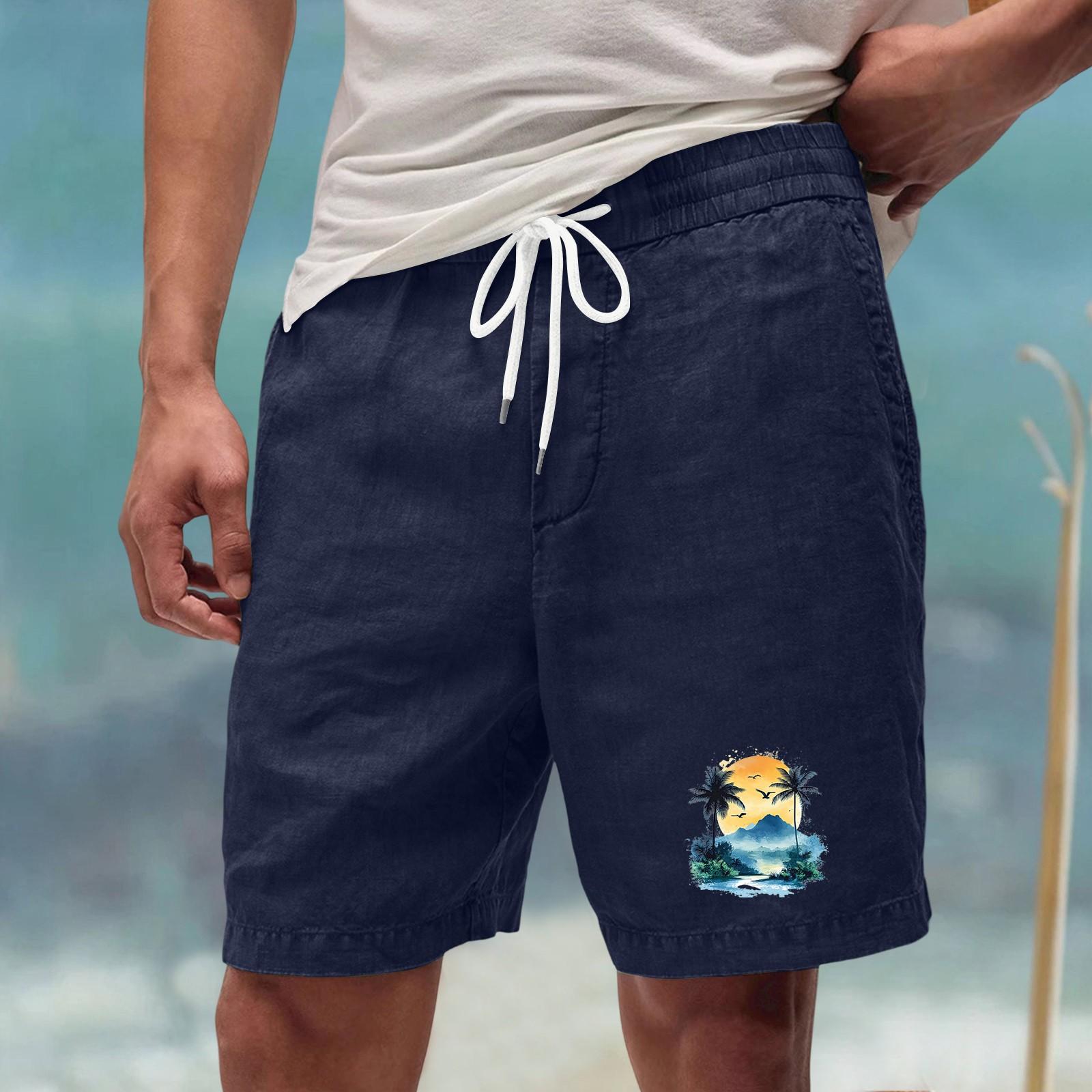 

Men s Casual Loose Fit Drawstring Waist Shorts with Hawaiian Landscape Print for Summer Beach Outdoor Sports XXXL тёмно-синий