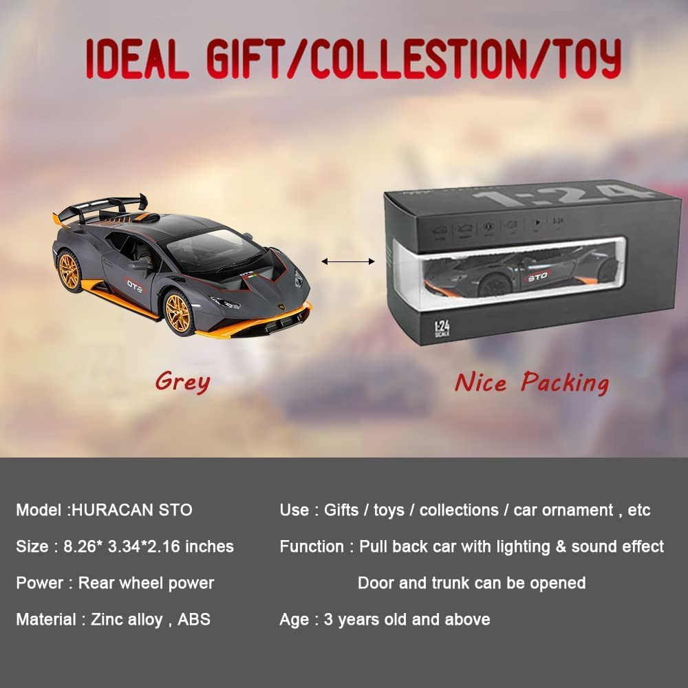 1:24 Scale Alloy Diecast Car Model for Lambo Huracan STO 2021, Pull Back Vehicles Model Cars Toy with Light & Sound for Kids Adult Collection