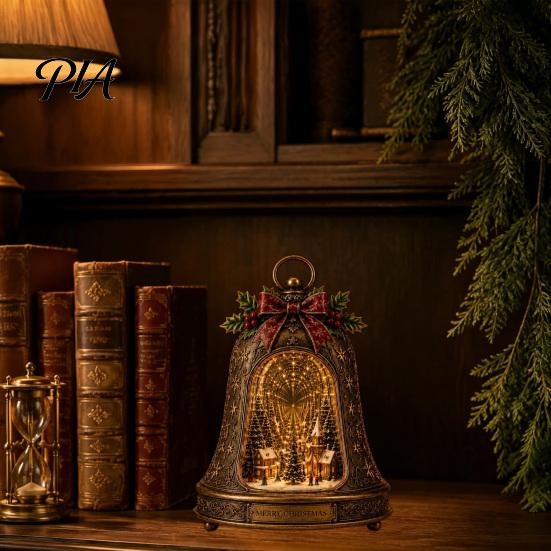 Housewarming Gift for New Home Christmas Village Infinity Bell Ornament, Vintage Glowing Rotating Snow Scene Decor Indoor Holiday Table