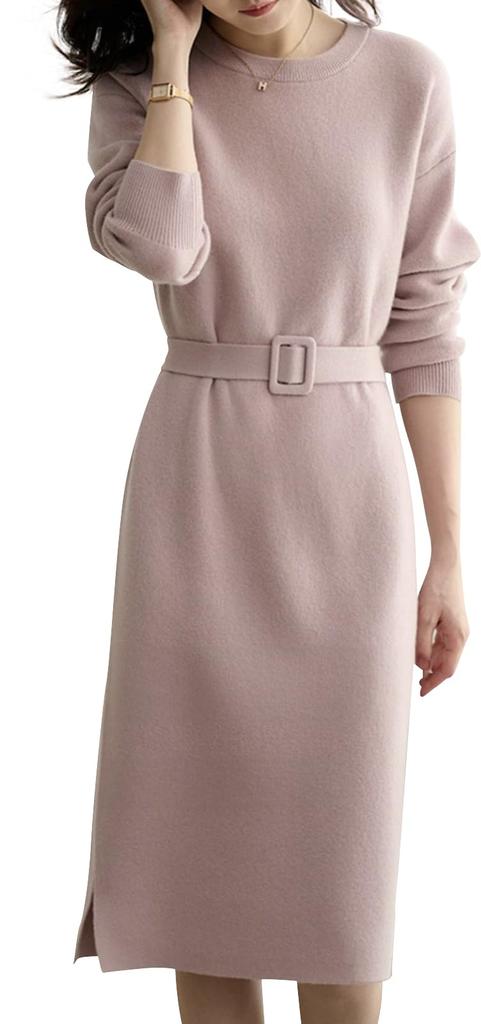 Newne Knit Long Perfect for Special and Perfect for Nights Long Midi Crew Knit Dress, Sleeves, Belted, Elegant, Occasions, Spring, Autumn, Winter,