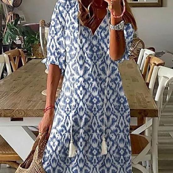 V-neck Half Sleeve Lace-up Tassel Large Hem Female Dress Summer Floral Print Beach