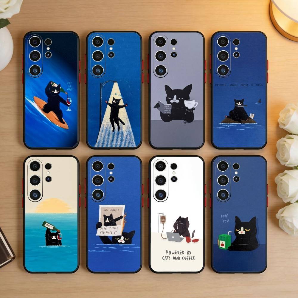 Black Whimsical cat Phone Case For Samsung S26,S25,S24,S23,S22,S21,S20,Plus,Fe,Lite,Others Black Cover