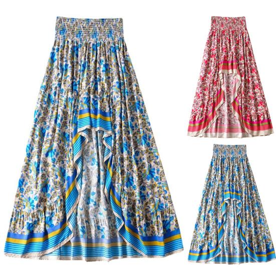 Kadın Maxi Etek Yüksek Bel Düzensiz Etek Çiçek Baskı Bohem Ön Kısa Arka Uzun Elastik Bel Patchwork Bayan Tatil Plaj Uzun Etek