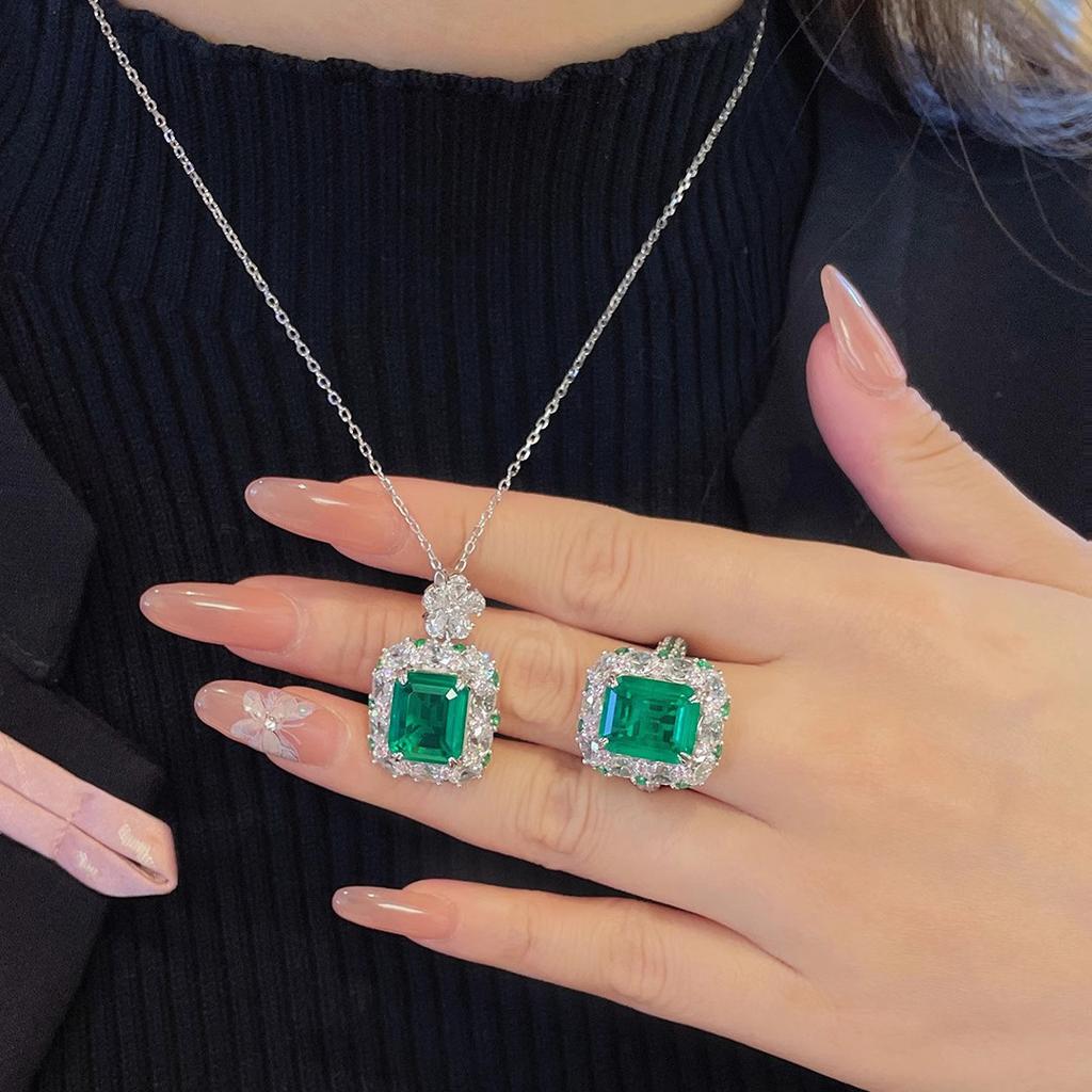 Vintage Green Diamond Pendant, Open Ring, Premium Stud Earrings, Luxury Setting, Cultivated Synthetic Emerald Set.