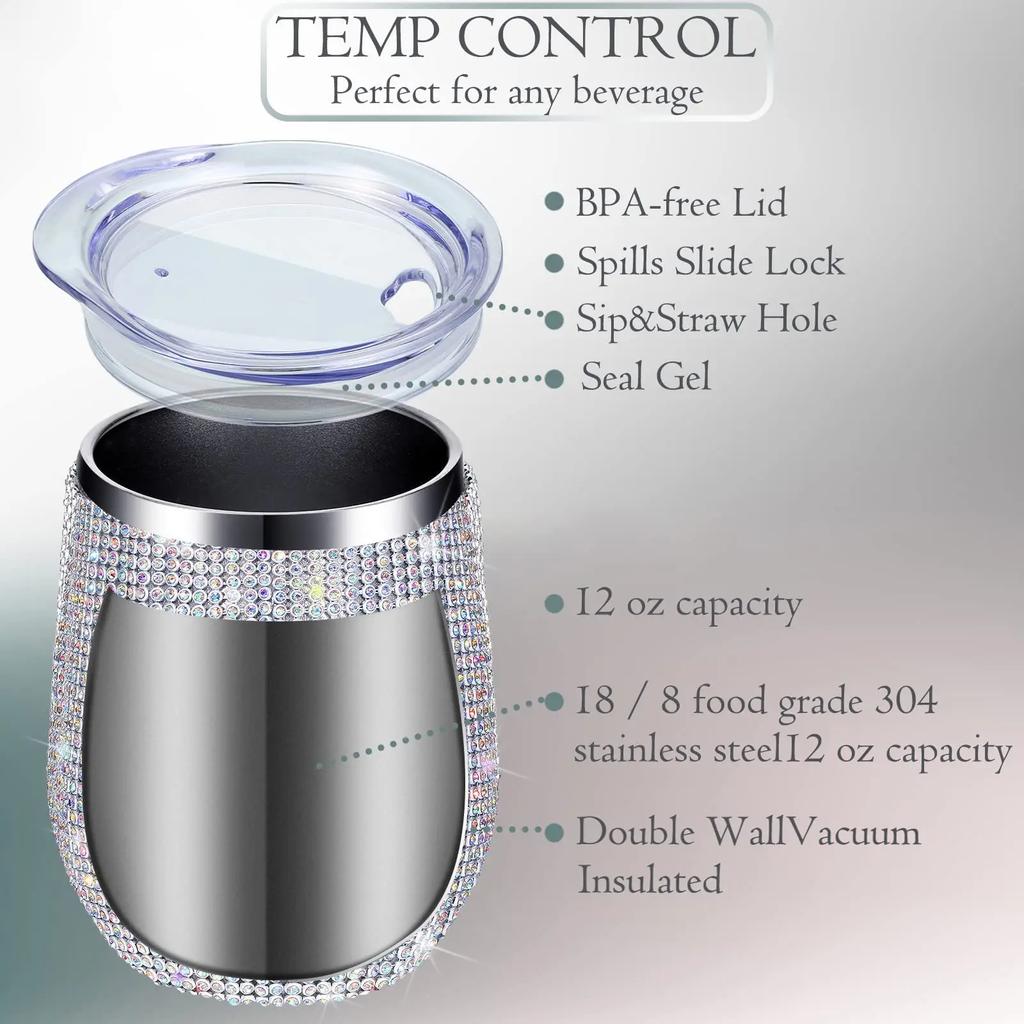 12oz Diamond Wine Tumbler With Sealed Lid Vacuum Thermo Beer Mug Cup Stainless Steel Mug Cup Champagne Party Bridemaid Gift