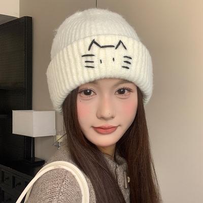Imitation Wool Woolen Hat for Women Japanese Style Cute Cat Pullover Hat Showing Face Small Autumn and Winter Warm Ear Protection Knitted Hat Trendy
