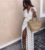 Polka Dot Print Short,sleeved Slit Maxi Dress