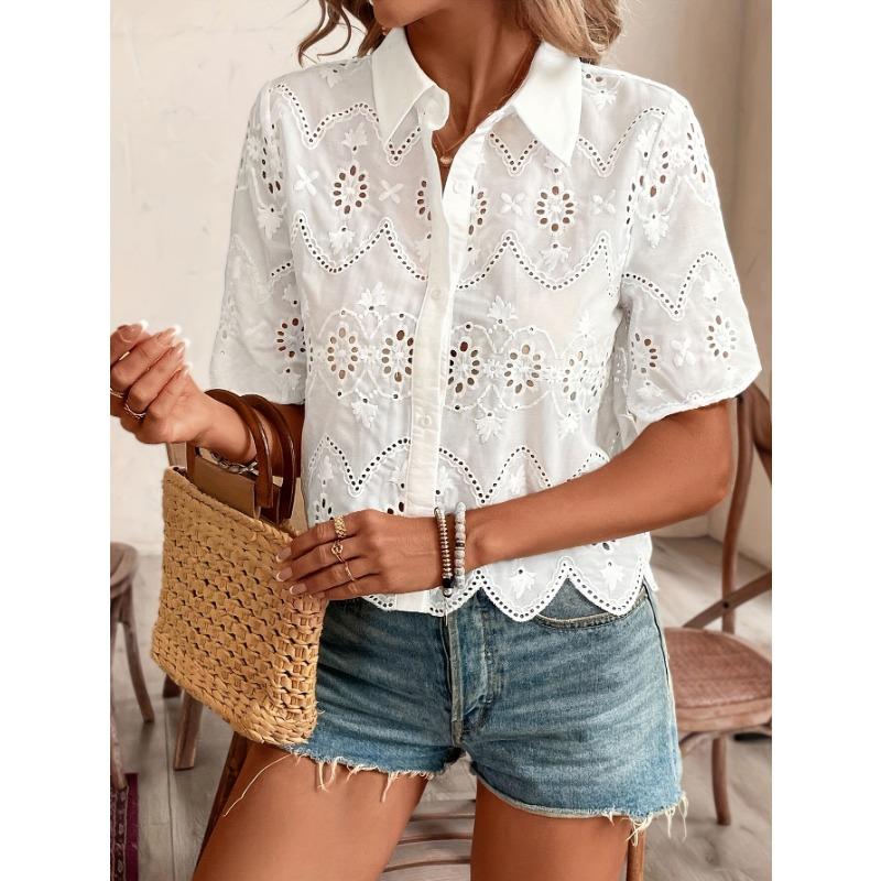 Spring and Summer Women's Lace Shirt, Hollowed Out Women's Short Sleeved Casual Top