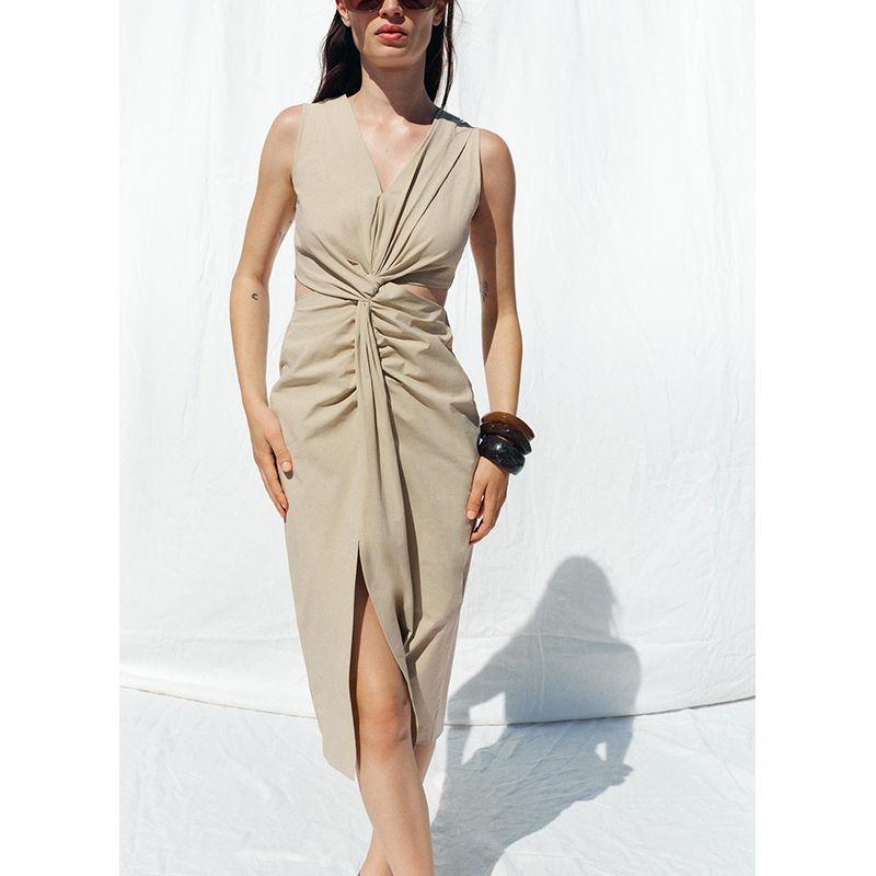 Summer New Product Women's Clothes Sexy Style V Neck Sleeveless Opening Design Bow Tie Midi Skirt Length Dress 3897103