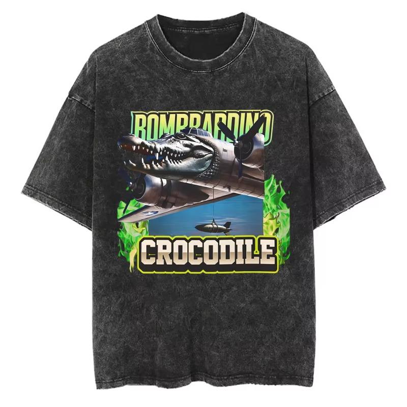 Vintage Washed Bombardiro Crocodilo T Shirt Funny Plane Bomber Crocodile Meme T-shirts Men Women Gothic Casual Humor T Shirts