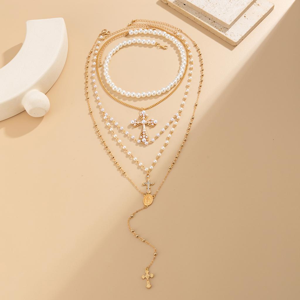 Punk Metal Cross Pendant Necklace, Temperament Imitation Pearl Beaded Chain Stacked Necklace