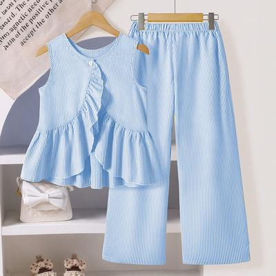 Girls' Fashion Set 2025 Autumn Children's Casual Striped Sleeveless Lace Top and Trousers