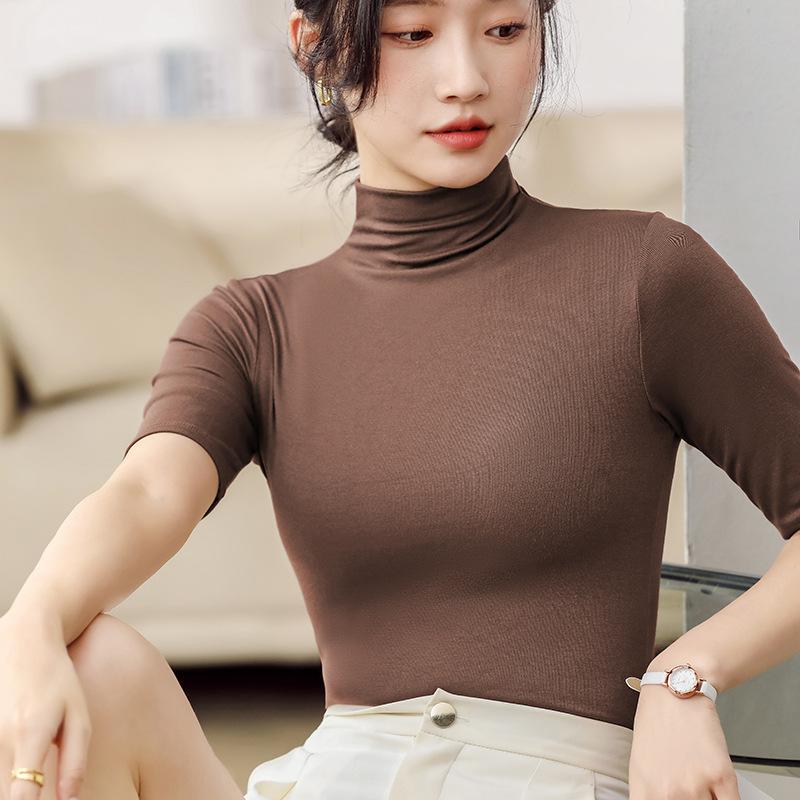 Sommer-Tops, Rollkragen, einfarbig, halbe Ärmel, schmale Passform, glatt, Sommerkleidung, Damen-Stretch-Schicht, bequemes High-Neck-Top, Alltagskleidung