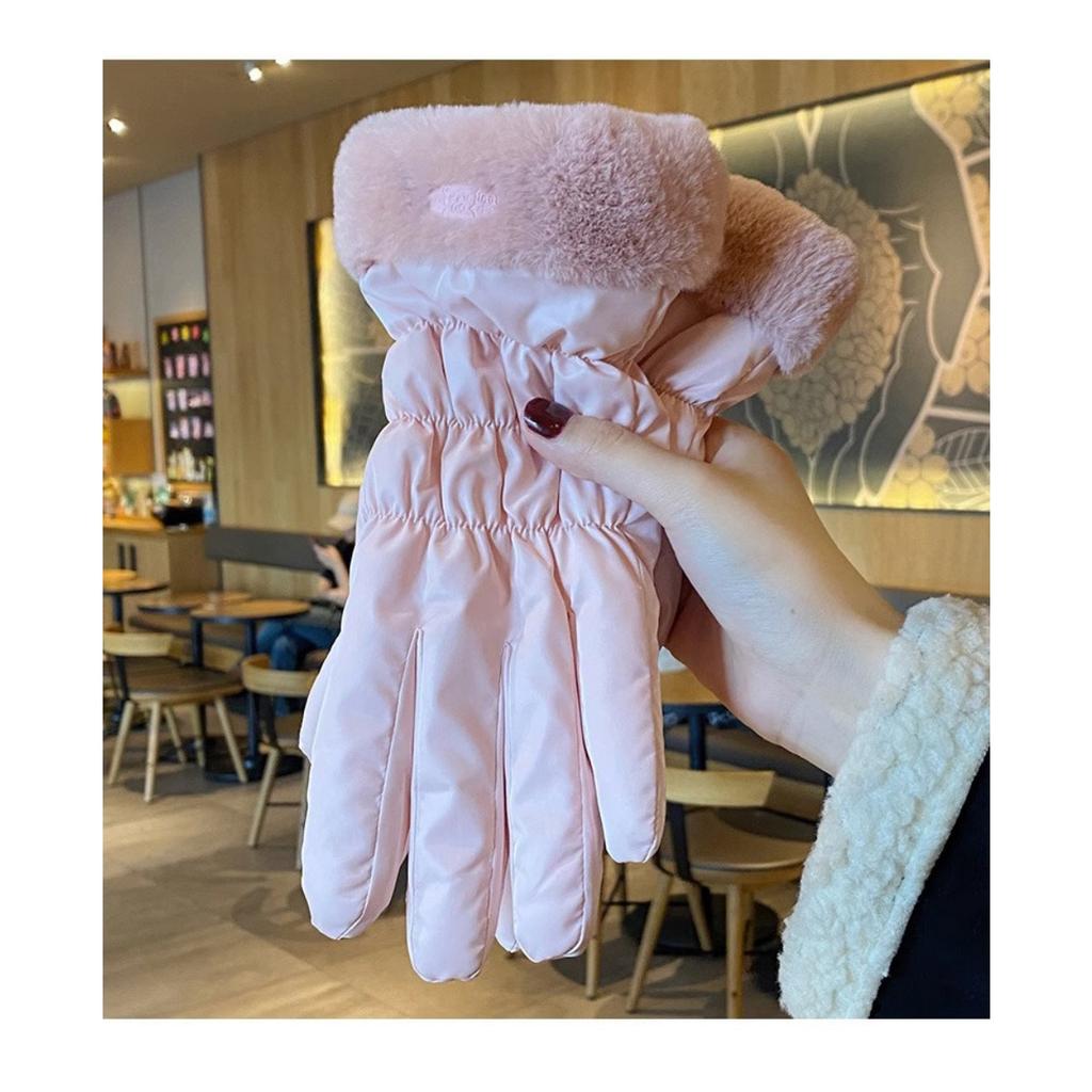 Winter Warm Gloves Touch Screen Women's Thick Cotton Down Riding Cute and Windproof Skiing Gloves with Velvet