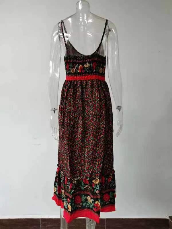 2026 Summer Bohemian V-Neck Floral Spaghetti Strap Maxi Dress for Women