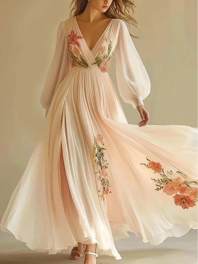 2025 Spring/Summer Abstract Location Print Long Sleeve Maxi Dress