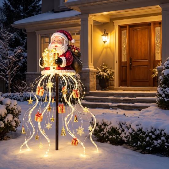 Solar Powered Winter Garden Accents Santa Claus Christmas Light, LED Holding Gift Box Yard Stake Holiday Lawn Stakes for with Cascading String Lights
