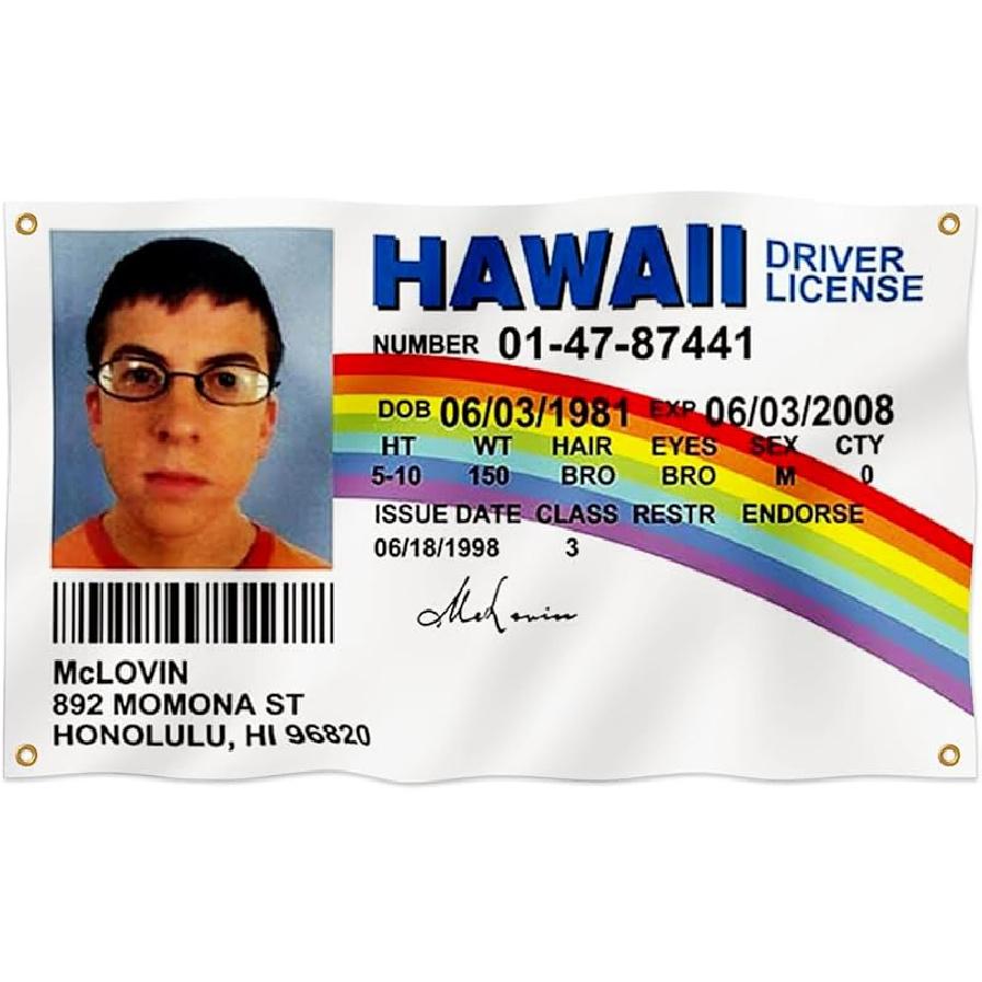 

Флаг Mclovin Id 2x3 фута Двусторонняя печать Забавный флаг Гобелен Декор для дома, общежития, колледжа 4 блестящих латунных люверса 100% полиэстер (2x3 фута) 2x3ft