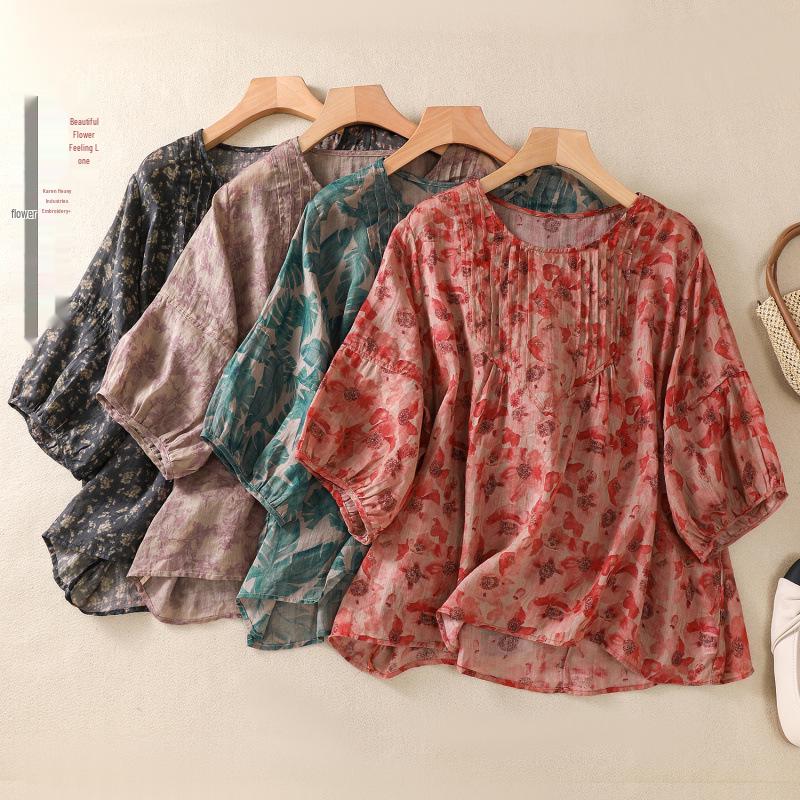 2025 Summer Floral Print Puff Sleeve Round Neck T-shirt