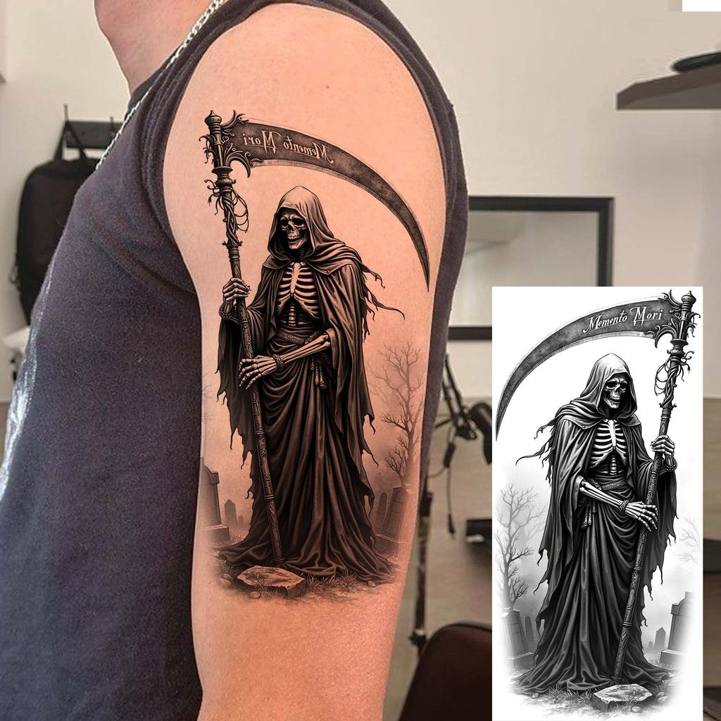 1 Blatt Gruseliger Sensenmann Totenkopf Temporäre Tattoos Halloween Tattoos Langlebig Wasserdicht Tiger Wolf Bestie Fake Tattoo Aufkleber