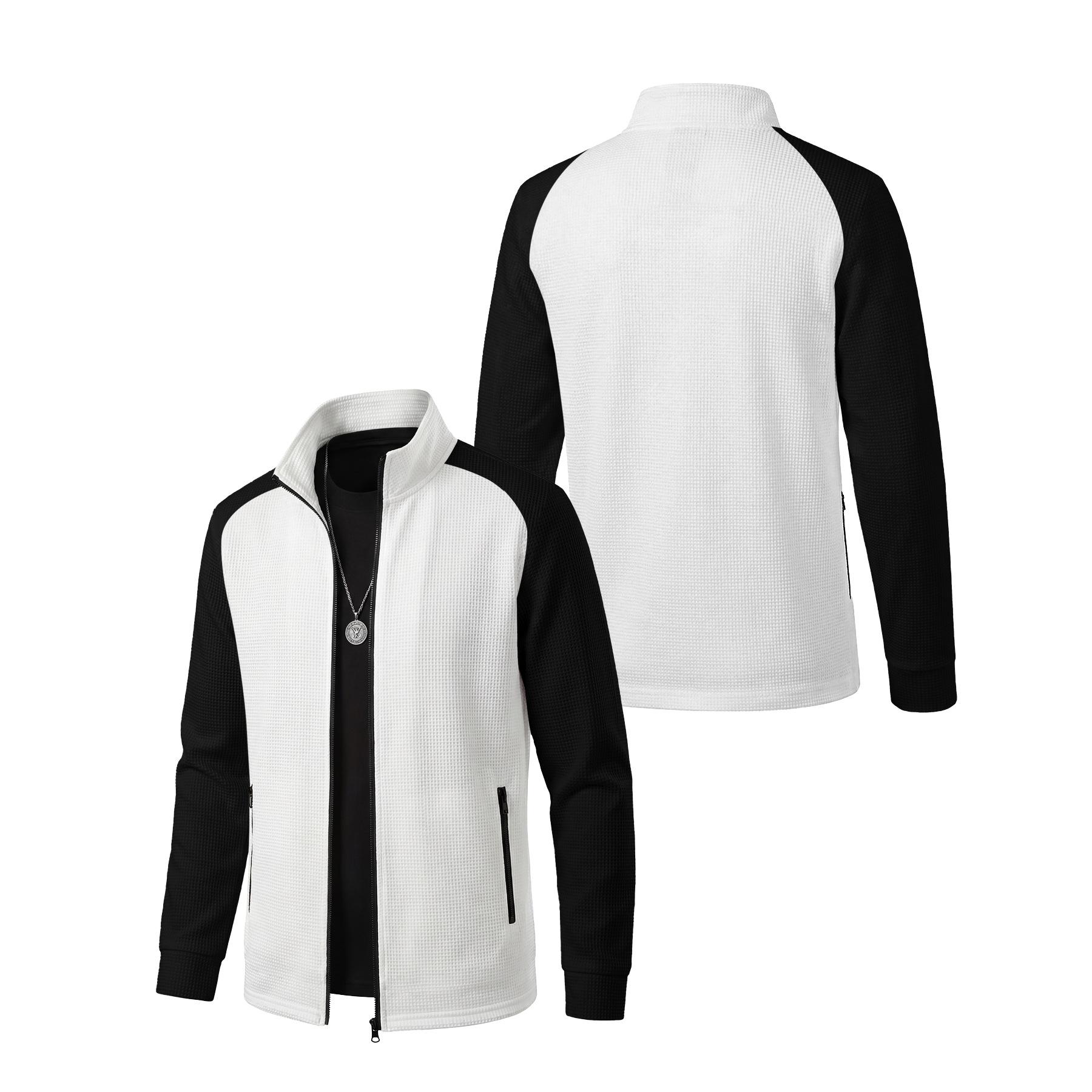 Mens Waffle Knit Color Block Stand Collar Zip Up Casual Jacket S