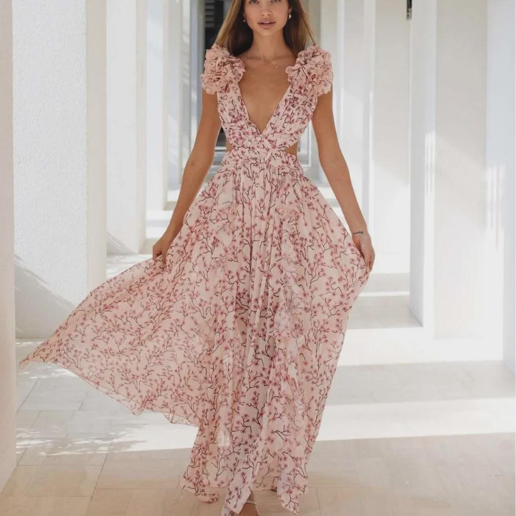 

Elegant Summer Backless Floral Dress for Women Small світло-синій колір