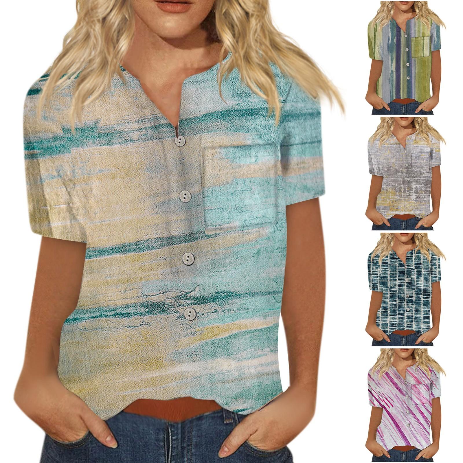 

Женская модная рубашка с коротким рукавом и пуговицами на груди с принтом и карманом