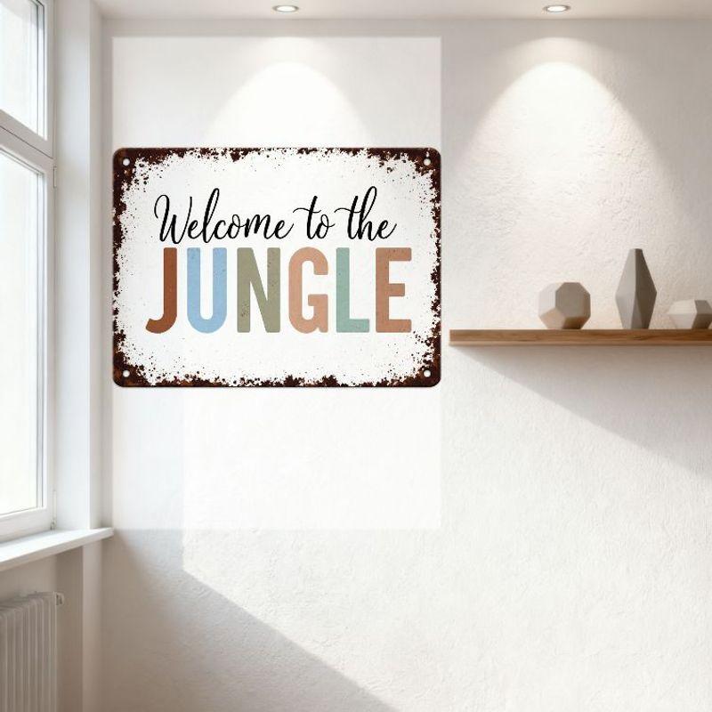 Rustic Metal Tin Sign Welcome to the JUNGLE, Weathered Brown Rust Border, White Distressed Interior with Hanging Holes, Vintage