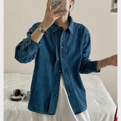 Solid Color Long Sleeve Denim Shirt for Women with Metal Buckle Design Slimming Age-Reducing 2025 Spring Autumn Korean Style Female Shirts