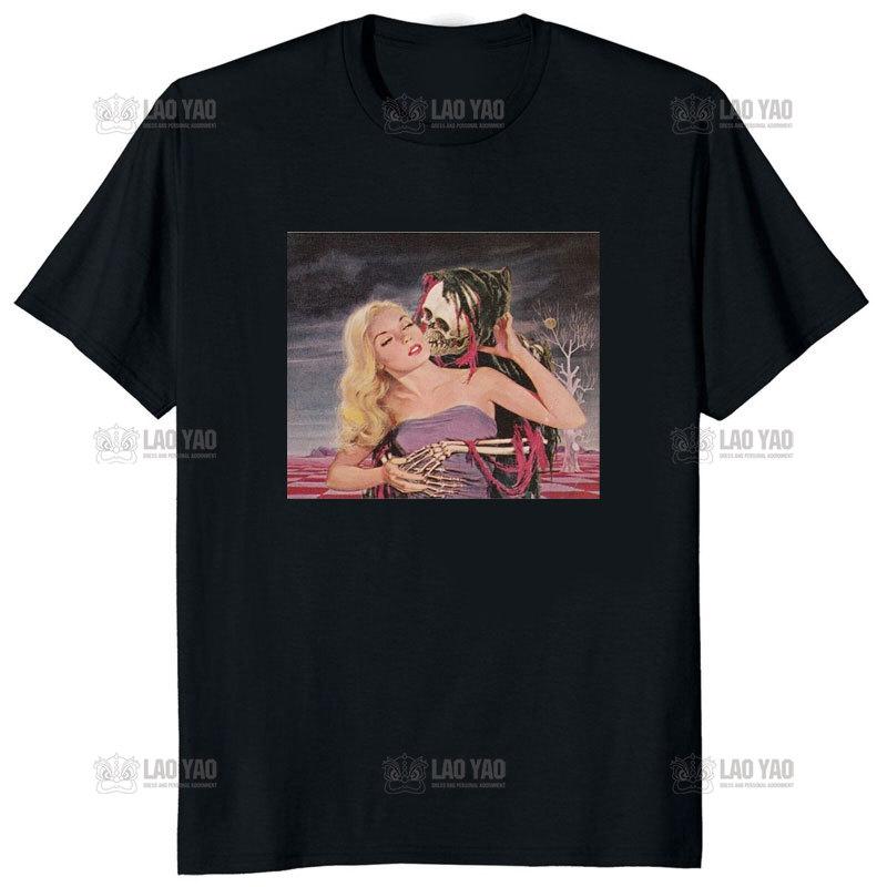 Vintage Death The Grim Reaper Kiss Gothic T Shirt Short Sleeve TShirt Japanese Harajuku Korean Tee Unisex Ropa Hombre