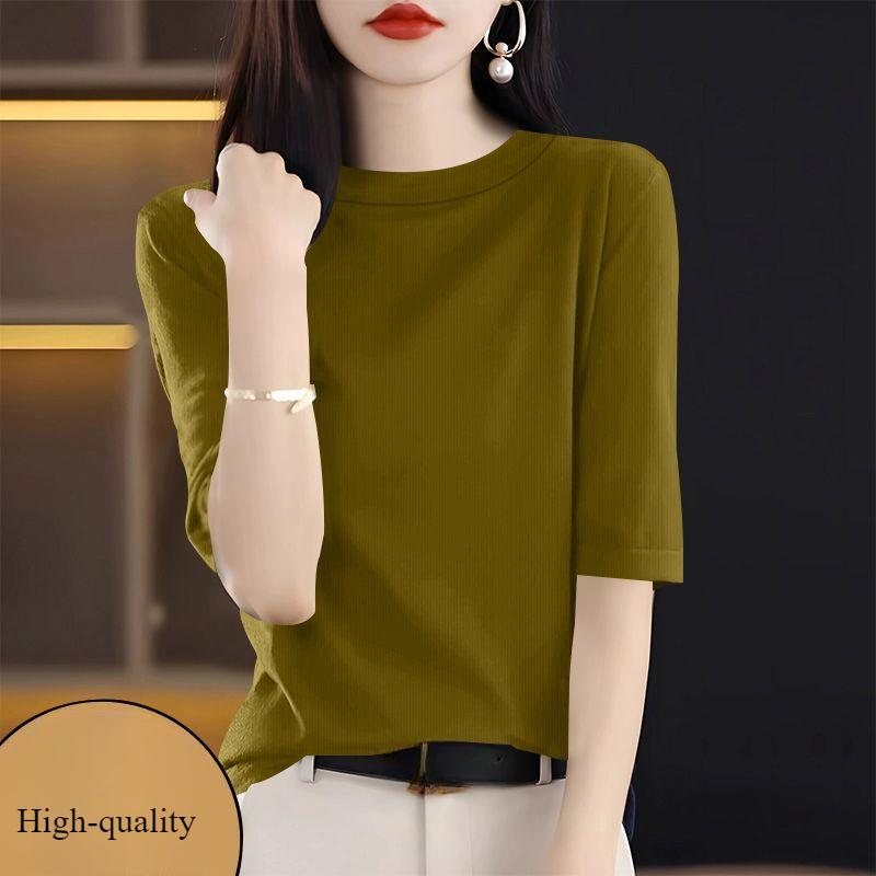 Summer Women's Threaded T-shirt  Slim Simple High-stretch T-shirt Solid Color Round Neck Half-sleeved Knit T-shirt