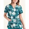 Damen Vintage Floral Print OP-Kittel Oberteile Kurzarm V-Ausschnitt Schwesternuniform Hemd mit Taschen T-Shirt Pflege Arbeits-Oberteile