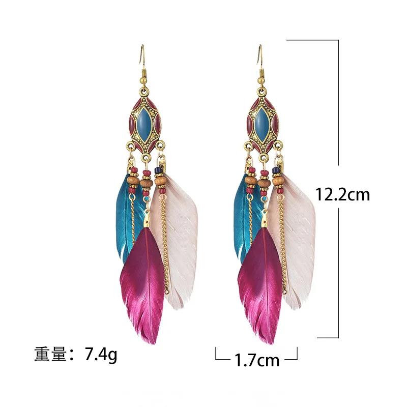Bohemian Ethnic Feather Earrings For Women Long Tassel Beads Handmade Drop Dangle Earrings Girl Fashion Wedding Jewelry Gift