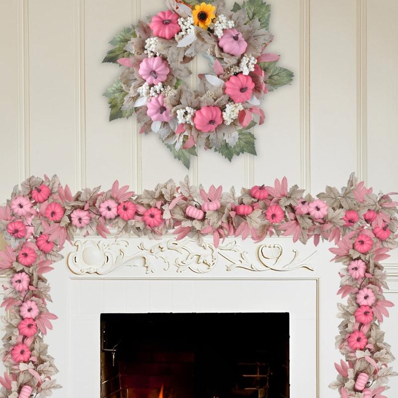 Faux Silk Pink Pumpkin Maple Leaf Hanging Ornament Fireplaces Mantels Seasonal Decoration for Family Gatherings