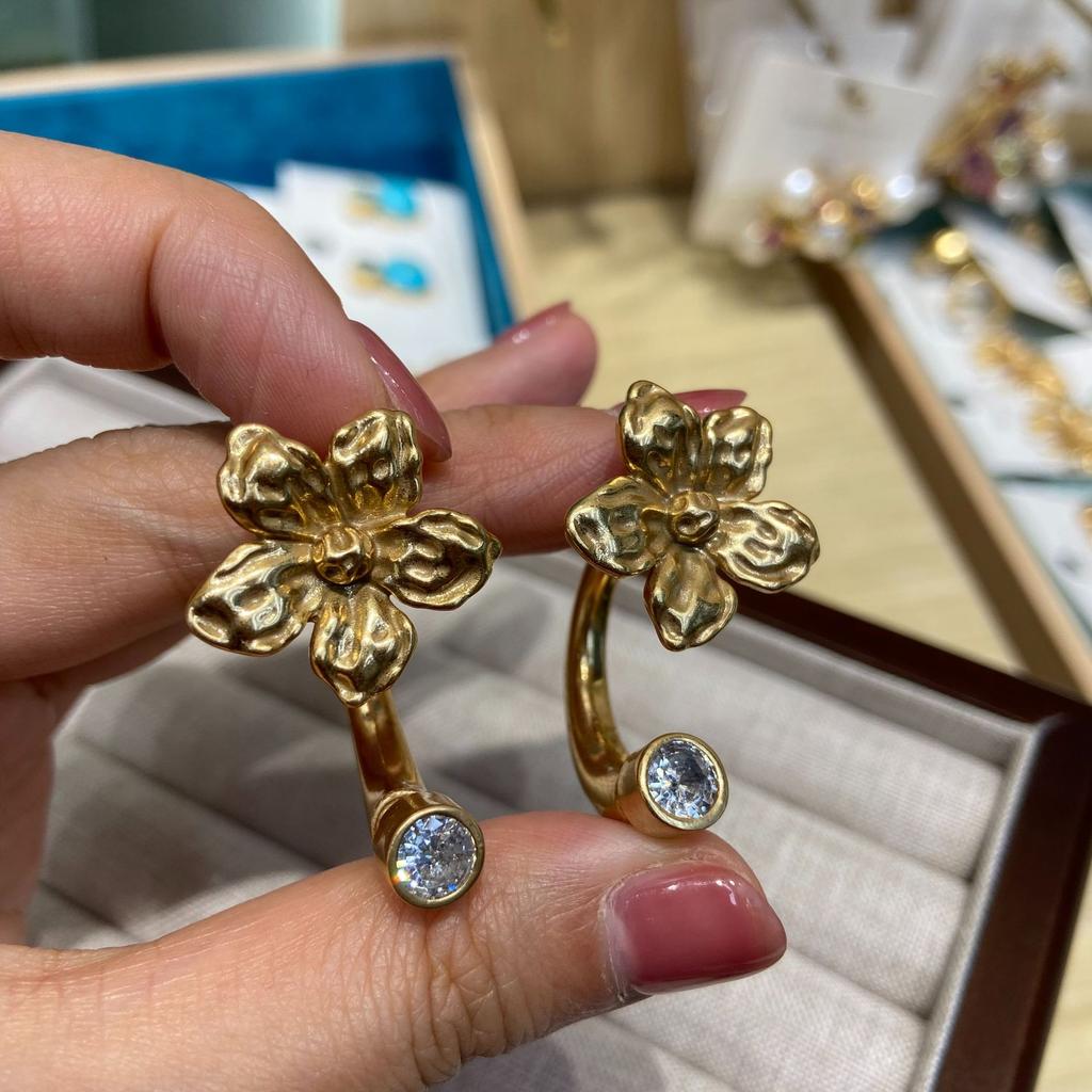 Fashion Niche Retro Earrings Russian Gold Copper Plated 18K Gold Casting Beating Pattern Five-Petal Flower Earrings Women